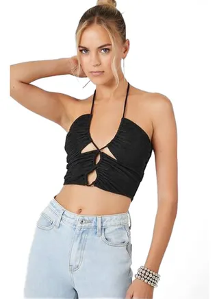 Textured Cutout Halter Crop Top 