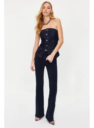 Blue Front Buttoned Strapless Denim Bustier TWOSS24BS00005 