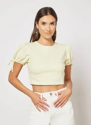 String Sleeves Crop Top Yellow 