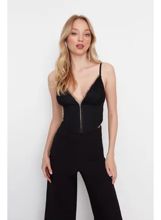 Black Crop Lined Woven Lace Bustier TPRAW23BS00045 