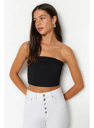 Black Corset Strapless Woven Blouse TWOSS23BZ00939 