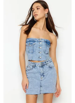 Blue Stitch Detail Strapless Denim Bustier TWOSS23BS00008 
