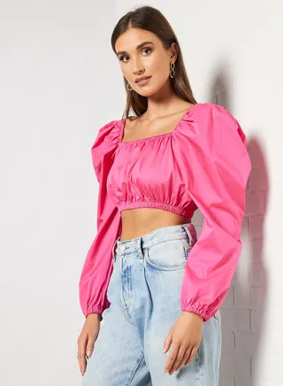 Puff Sleeve Square Neck Top Pink 