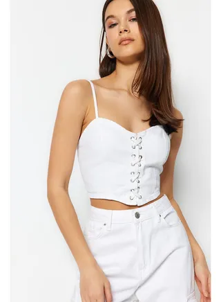 White Bird Eye Detailed Denim Bustier TWOSS23BS00010 
