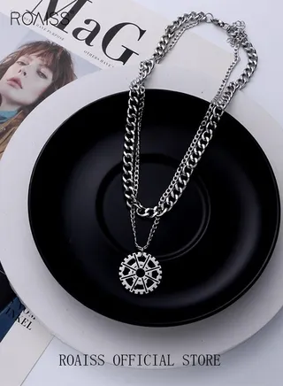 Gear Style Stacking Necklace European Style Titanium Steel Pendant Hip Hop Men's Pearl Chain Retro Pendant Steel Titanium Clavicle Chain Cuban Chain 