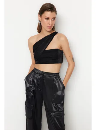 Black Crop Knitted Shimmer Bustier TPRSS23BS00042 