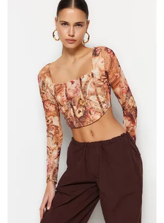 Premium Orange Sheer Back Printed Lined Crop Tulle Stretch Knitted Blouse TWOSS23BZ00395 