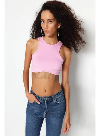 Pink Crop Knitted Accessory Blouse TPRSS23BZ00082 