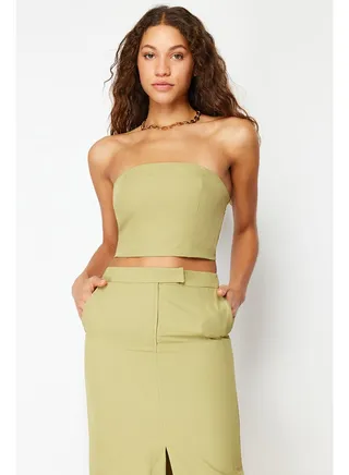 Khaki Premium Crop Strapless Woven Blouse TWOSS24BZ00242 