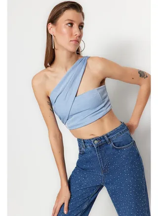 Blue Crop Knitted Shimmer Bustier TPRSS23BS00042 