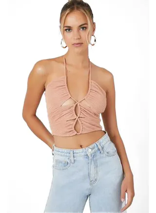 Textured Cutout Halter Crop Top 