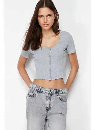 Gray Melange Fly Crop Pool Neck Ribbed Flexible Knitted Blouse TWOSS24BZ00364 