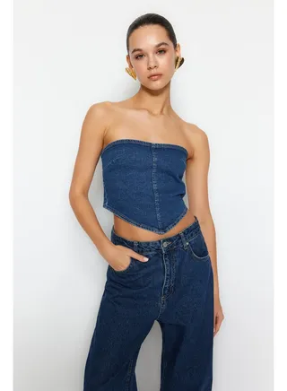 Blue Asymmetrical Strapless Denim Bustier TWOSS24BS00002 