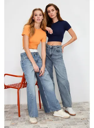 Premium Navy Blue-Orange 2 Pack Crop Viscose Stretchy Knitted Blouse TWOSS23BZ00108 