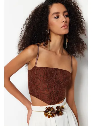 Brown Crop Lined Corset Detailed Lace Bustier TPRAW23BS00072 