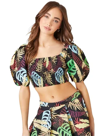 Tropical Puff-Sleeve Crop Top 