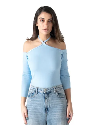Baby Blue Cold Shoulder Halter Neck Top 