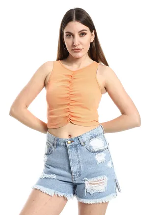 The rarest women's shirt with a wide round neck and a ruffle at the chest - orange 