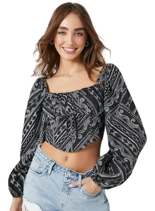 Ornate Print Peasant-Sleeve Crop Top 