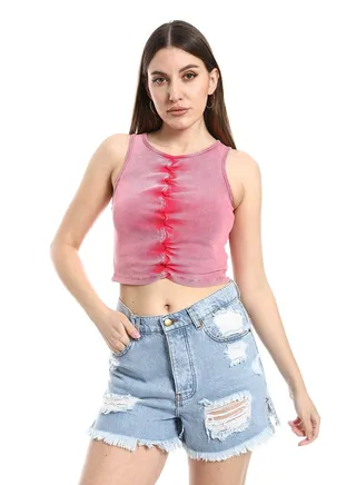 The rarest women's shirt with a wide round neck and a ruffle at the chest - Fuchsia 