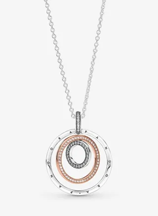 Pandora Signature Women's Fashion Versatile Classic Cubic Zirconia 925 Silver and Copper Silver Alloy Dual Color Multi Ring Pendant Necklace Gift 389483C01-60 