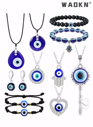 11Pcs Evil Eye Necklace Pendant for Women Men Leather Rope Evil Eye Earrings Protection Bracelet Jewelry Set Evil Eye Charms 