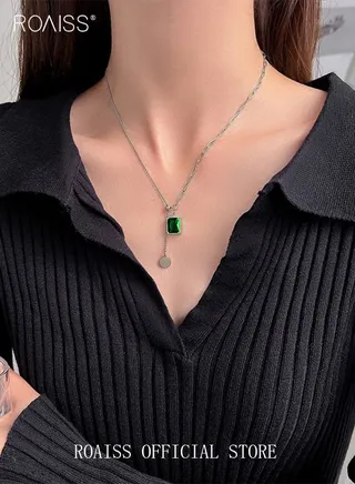 Retro Emeralds Clavicle Chain Necklace Casual Adjustable Ins Style Minimalist Gemstone Pendant Jewelry Titanium Steel Gift for Female Women Ladies Sliver/Green 