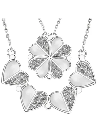 Sterling Silver Four Leaf Clover Necklace With Cubic Zirconia, Silver Heart Magnetic Necklace For Women, Lucky Clover Charm Pendant 