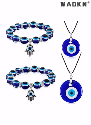 4 Pieces Eye Necklace with Eye Bracelet Set Blue Eye Bead Hand Stretch Bracelet and Glass Eye Faux Leather Rope Chain Necklace for Women and Men 