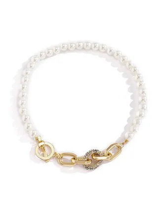 Pearl Choker Necklace, Vintage Chunky Oval Link Chain Necklace with Toggle Clasp, Punk Festival Statement Accessories, Gift for Women, Teens, Girls 