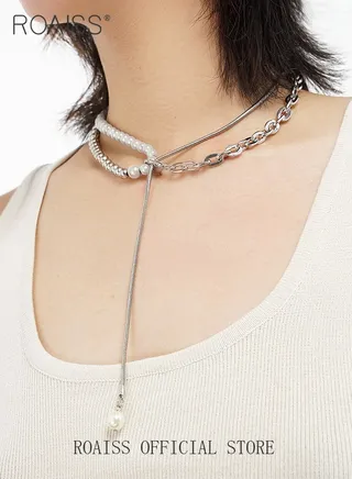 Women Asymmetrical Pearl Necklace Personalized Design with Pearl and Chain Elements Collarbone Necklace Versatile and Suitable for Work and School also Pairing with Sweaters 