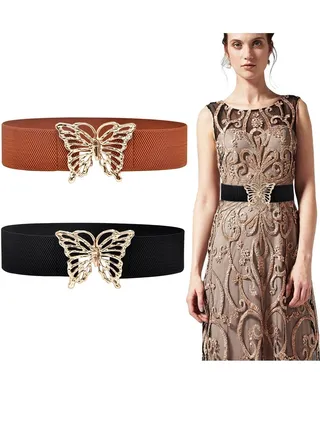 Women's Wide Elastic Belt, Vintage Stretchy Waist Belt with Shape Buckle, Ladies Retro Dress Belt, Fashion Elastic Waistband, Cinch Belt for Dresses, Stretch Thick Waist Belt, Camel and Black, 2 Pcs 