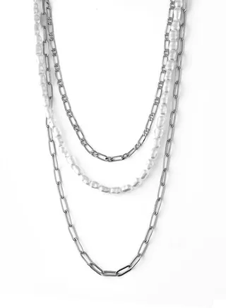 Pearl & Chain 3-Row Necklace 