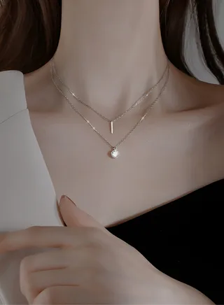 A full-body 925 silver double-layer two-layer chain with a word and round zircon pendant necklace gift box, fashionable and exquisite Valentine's Day Gift, temperament, versatile girl 