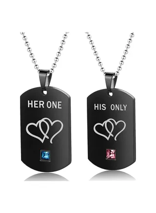Couple Tag Pendent Necklace, Stainless Steel Pendant Necklace with CZ Stones Double Heart, Her One His Only Tag Necklace, Anniversary Valentines Gift for Lover 