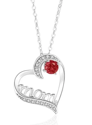 Elegantly Crafted 925 Sterling Silver "Mom" Heart Pendant Necklace with Red Crystal Accent 