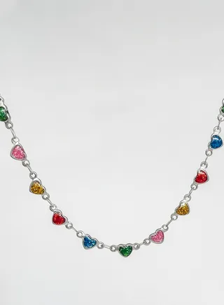 Silver Colorful Heart Shaped Stones Necklace 