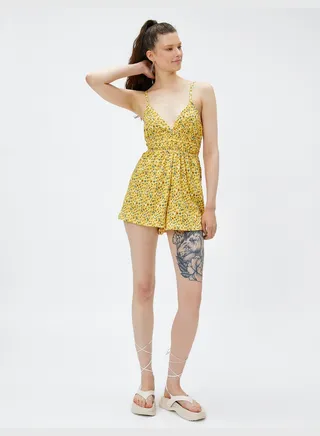 V Neck Spaghetti Strappy Floral Jumpsuit