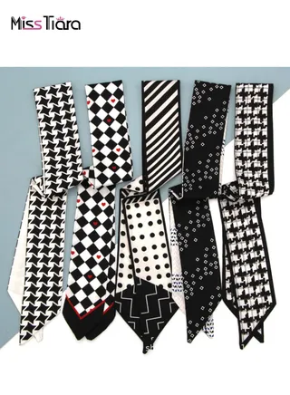 5 Pack Black and White Colors All-match silk scarves tied Elegance and Versatility Silk Scarves and Headbands for girls Can be used as hair accessories or decorative bags 