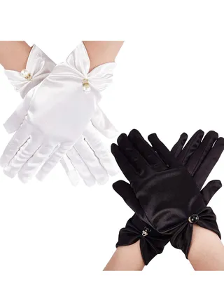 Women Short Satin Gloves, Wedding Bride Elegant Wrist Length Gloves, 2Pcs Pearl Design Opera Gloves for Evening Party Prom Wedding Decoration Black and White 
