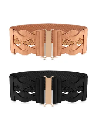 2 Pieces Women's Waist Belt Wide Elastic Retro Belt Stretchy Wide Waist Belt Cinch Retro Buckle Belt 