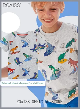 Boys' Short Sleeve Crewneck Tee Pure Cotton Clothing Dinosaurs Pattern T-Shirt Kid Daily Wear Toddler Summer Outfit Grey Grey Dinosaurs 