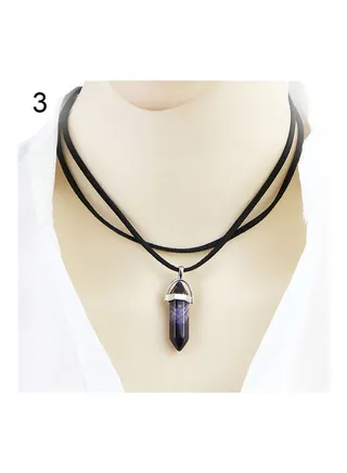 Double Layer Faux Leather Rope Hexagonal Prism Stone Pendant Necklace 