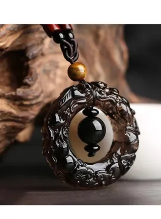 Natural obsidian necklace and black rope decorated with beads 