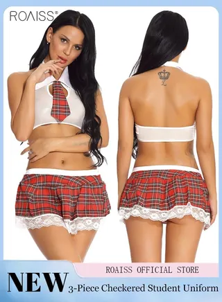 2-Piece Transparent Uniform Pajamas Hanging Neck Hollow Short Top Open Back Checkered Lace Patchwork Skirt 