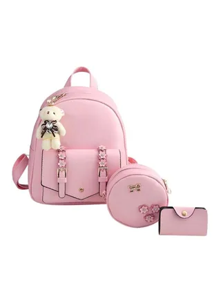3-Piece Backpack And Wallet With Sling Bag Set Pink 