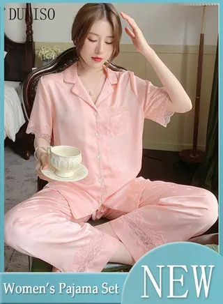 2-piece Women' s Pajama Sets Silks Satin Sleepwear Sweet Loungewear Nightwear with Lace Long Sleeve Notch Neck Shirt with Button Down and Waist Elastic Pants Pajama Set for Women Grils Ladies 