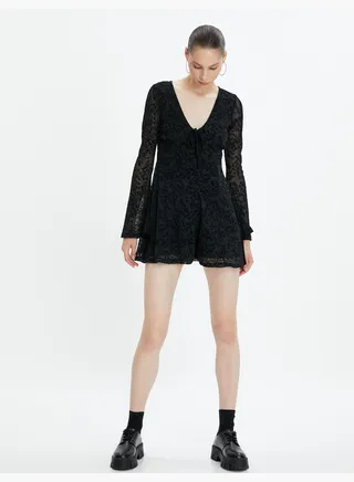 Mini Tulle Overalls Dress V Neck Long Sleeve Lined