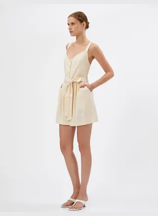 Buttoned Belted Linen Mix Strappy Jumpsuit