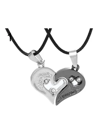 2-Piece I Love You Rhinestone Inlaid Matching Heart Pendant Couple Necklace Set 